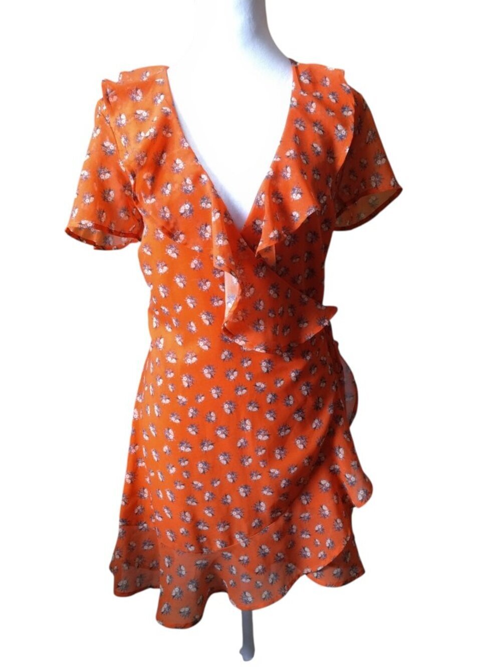 BEACH RIOT Wrap Mini Dress Floral Ruffle Accent Size Small Orange/Red Boho
